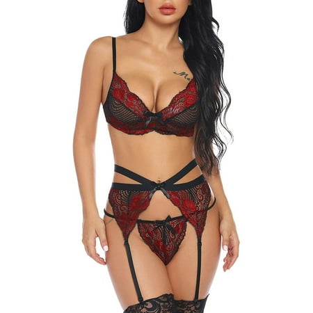 

Medcursor Women Embroidery Lace Bra Lingerie With Garter +Thong Set Underwear