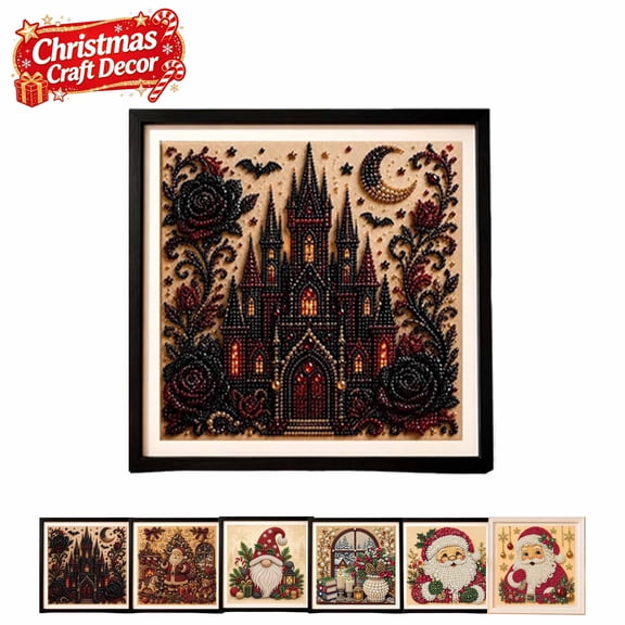 Vintage Christmas Full‑Round Pearl Diamond Art Kits for Adults, Santa Gnome Winter Castle Rhinestone Canvas, Christmas or Halloween Decoration Craft Gift for DIY Holiday Desk Wall(Castle and Rose)