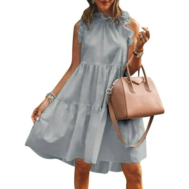 Robe Gâteau Décontractée à Col Uni à Manches Courtes, Jupe Évasée Plissée, Été, Décontractée, Ample, Taille Élastique