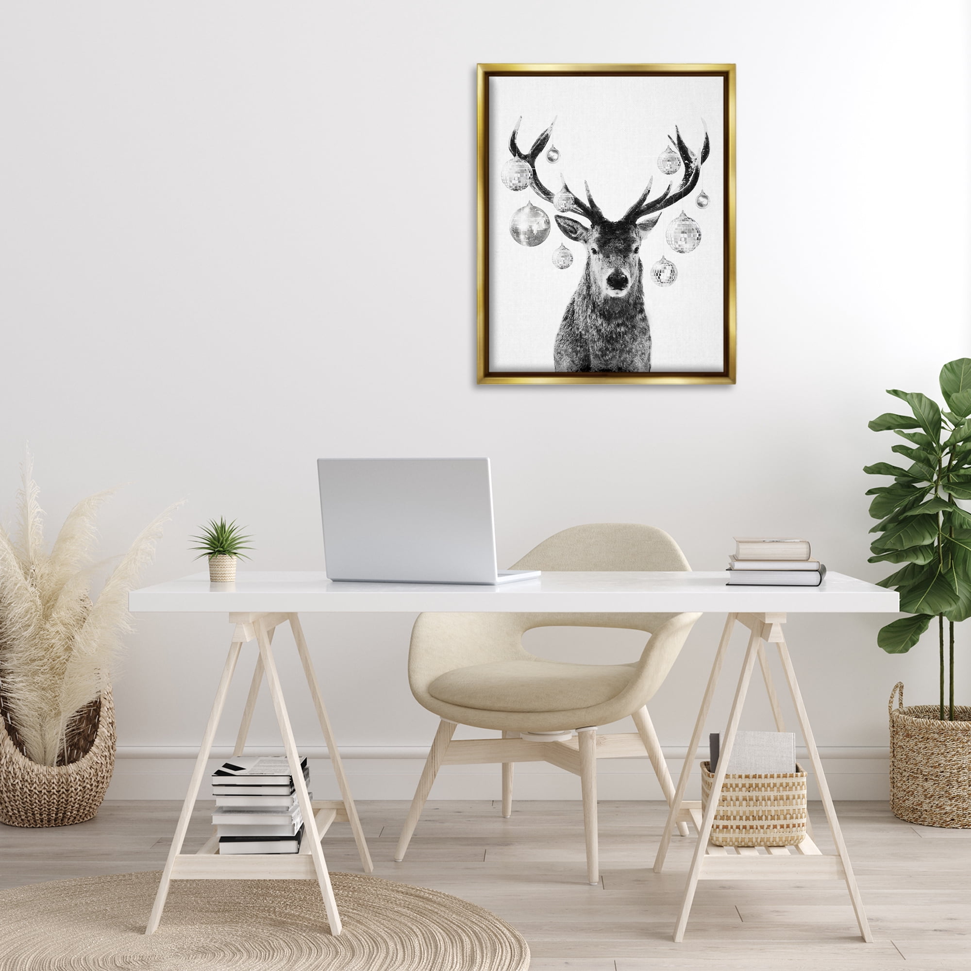 Stupell Industries Deer with Disco Balls Animals & Insects Painting Gold Floater Framed Canvas Art Print Wall Art, 25 x 31