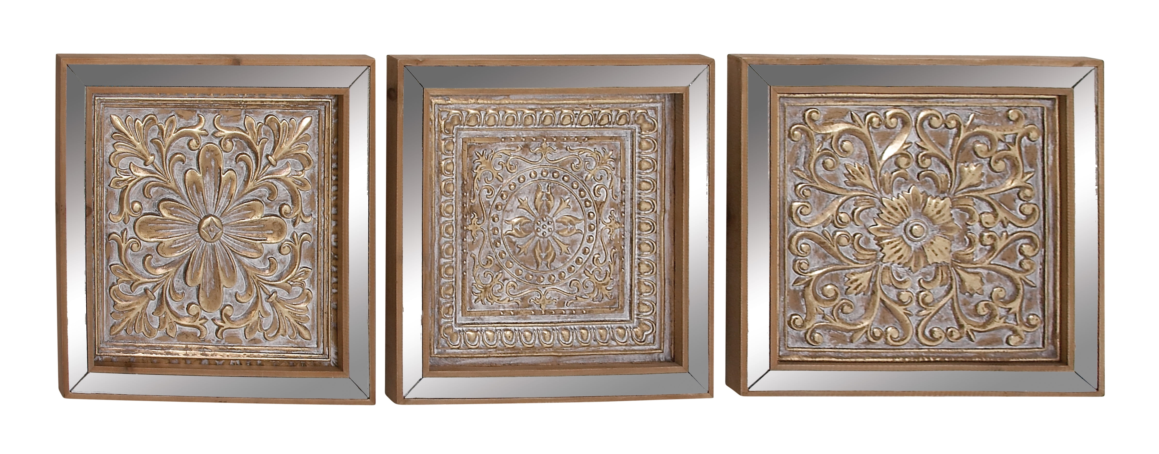 Decmode Rustic 19 Inch Wood, Glass And Iron Flourish Wall Plaques Set of 3