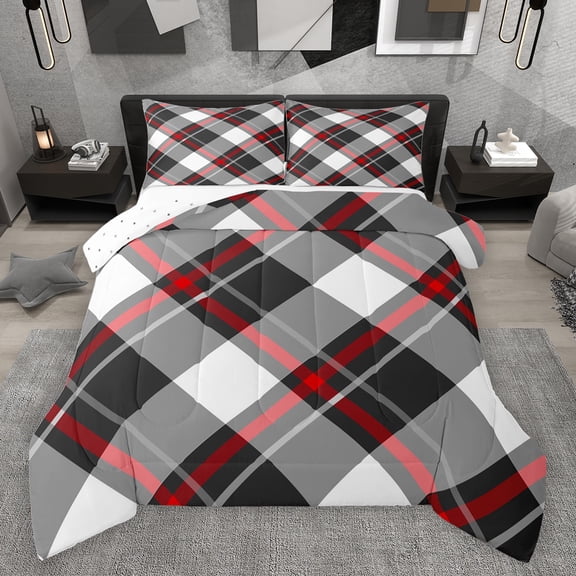 jejeloiu Geometric Plaid Grid Full Size Comforter Sets,Minimalism Style Bedding Comforter Set,White Gray Rhombus Bedding Sets For Teens,Breathable Home Decor Reversible,3-Piece