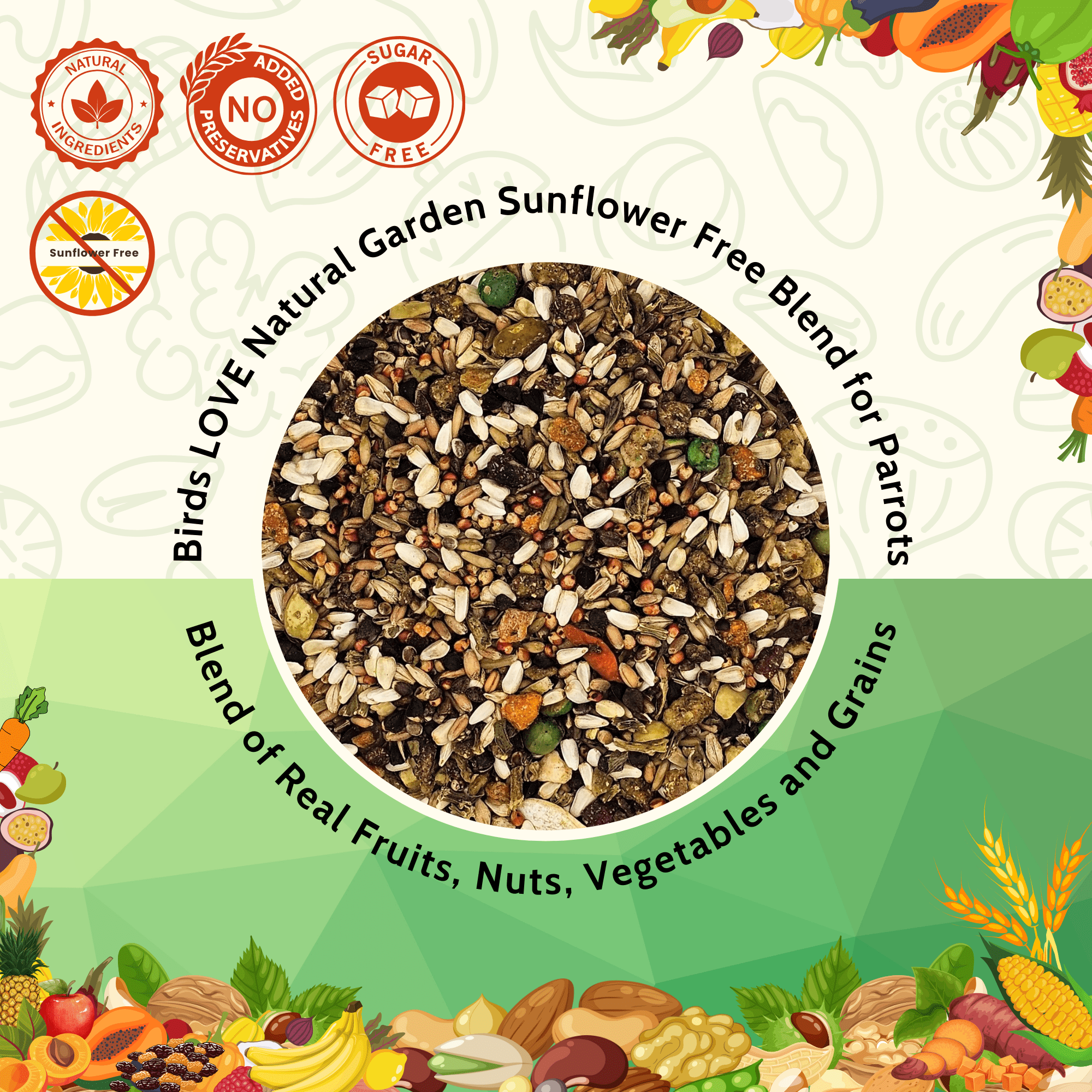 Birds LOVE Natural Garden Sunflower-Free Conure Bird Food, Fruit, Nut, Vegetable & Seed Blend for Conures and Similar Parrots, Resealable Bag, 2 lb