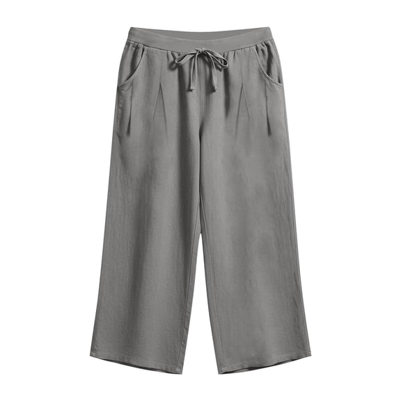 Womens Capri Pants 2026 Knee Length Cotton Linen Capris Summer Beach Wide Leg Elastic Waist Bottoms Pocket Gray S