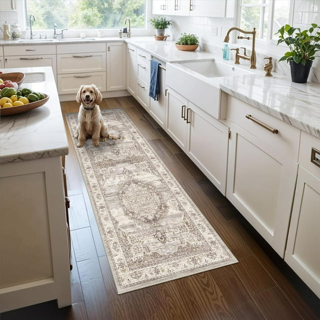 Washable Hallway Ktichen Runner Rugs: 2x6 Indoor Table Runners for Bedroom Bathroom Non-Slip Soft Stain Resistan Carpet for Entryway Laundry Dining Room Foyer (Beige,2x6)