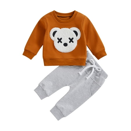 

Calsunbaby Boy Clothes Set Fleece Bear Patterned Sweatshirts Drawstring Long Jogger Pants Outfits Caramel White Bear 4-5 Years