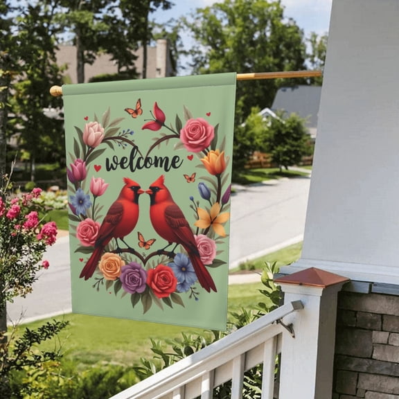 Home Decorative Welcome House Flag Cardinal Red Bird Butterfly Flowers Heart Wreath Garden Yard Outside Decoration, Farmhouse Outdoor Decor Double Side 12X18