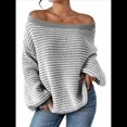 thumbnail image 2 of Suéter de Punto Holgado Informal de Larga con Rayas y Hombros Descubiertos para Mujer (Otoño 2025) Gris XL, 2 of 7