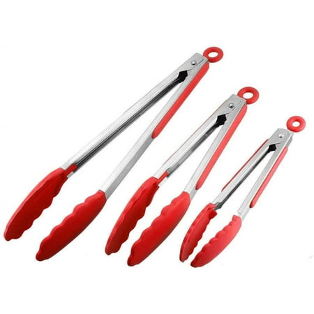 

Set of 3 Heavy Duty Non-Stick Stainless Steel Kitchen Tongs (7 9 and 12 inch). (Red)