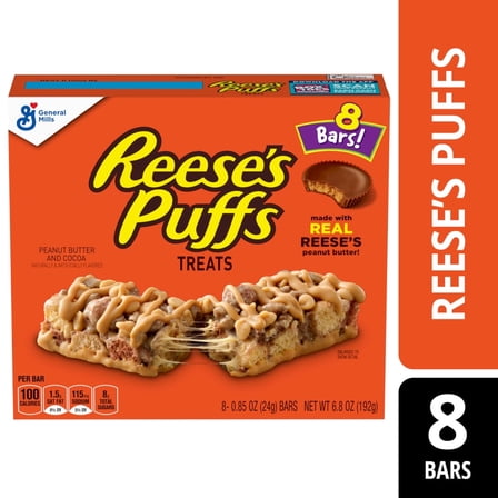 REESE'S Puffs Cereal Treat Bars, Peanut Butter and Cocoa, Snack Bars, 8 Ct, 6.8 oz (Pack of 4)