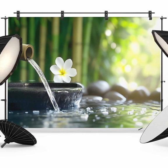 Zen Stones Water Flowing Backdrop for Photography, Fabric Photo Background Backdrop, Floral Green Forest Photo Booth Background for Portrait Photoshoot Video Wedding Studio Decoration Banner 7x5ft