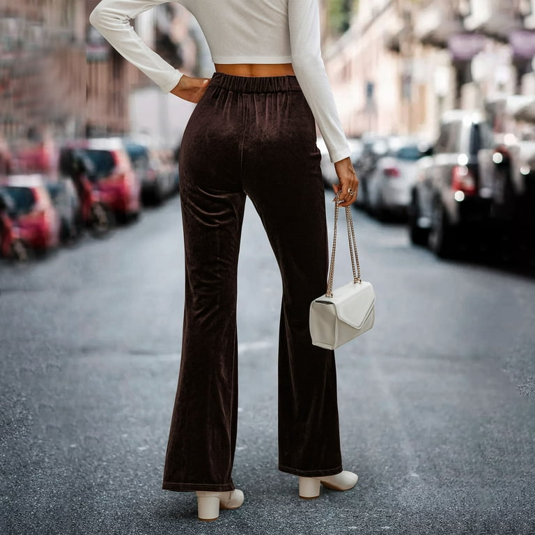 Hfyihgf High Waisted Velvet Flare Pants for Women Elastic Business Casual  Work Long Pants Solid Color Bell Bottom Trousers(Brown,XL)
