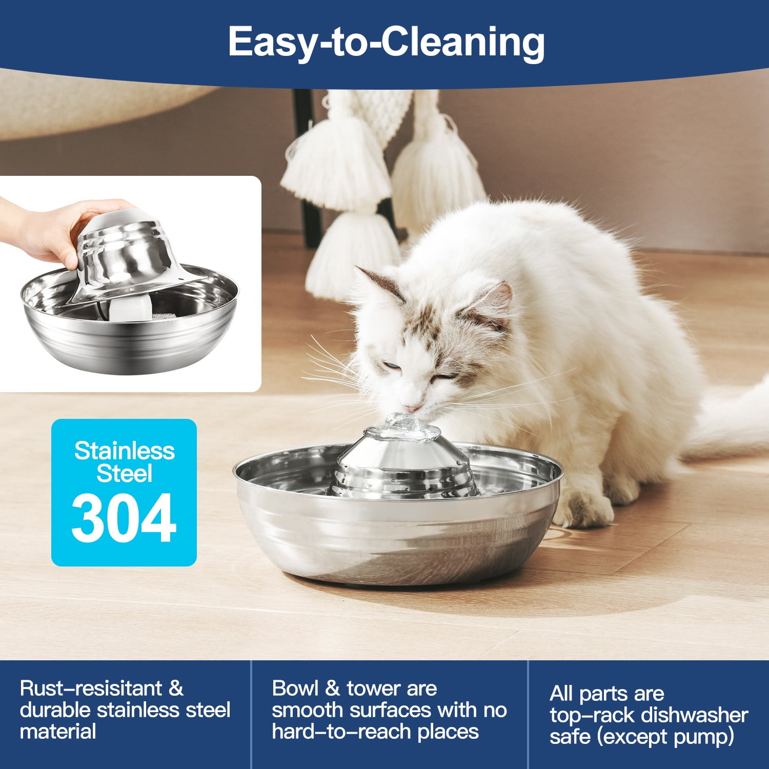 Petavista Stainless Steel Cat Water Fountain 2L/67oz Pet Water Dispenser with Quiet Pump and Multi-Filtration Pet Drinking Fountain for Cats and Dogs