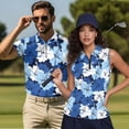 thumbnail image 2 of Jeiento Matching Golf Shirts for Couples Quarter Zip Sleeveless Golf Shirt for Women Blue Hibiscus Flowers Mens Slim Fit Short Sleeve Shirts, 2 of 7