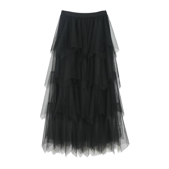 Women's Mesh Skirt Formal High Low Asymmetrical Midi Length Elastic Waist Layered Flowy Skirts Midi Length Elastic Waist Skirts Womens Golf Skirt Black S
