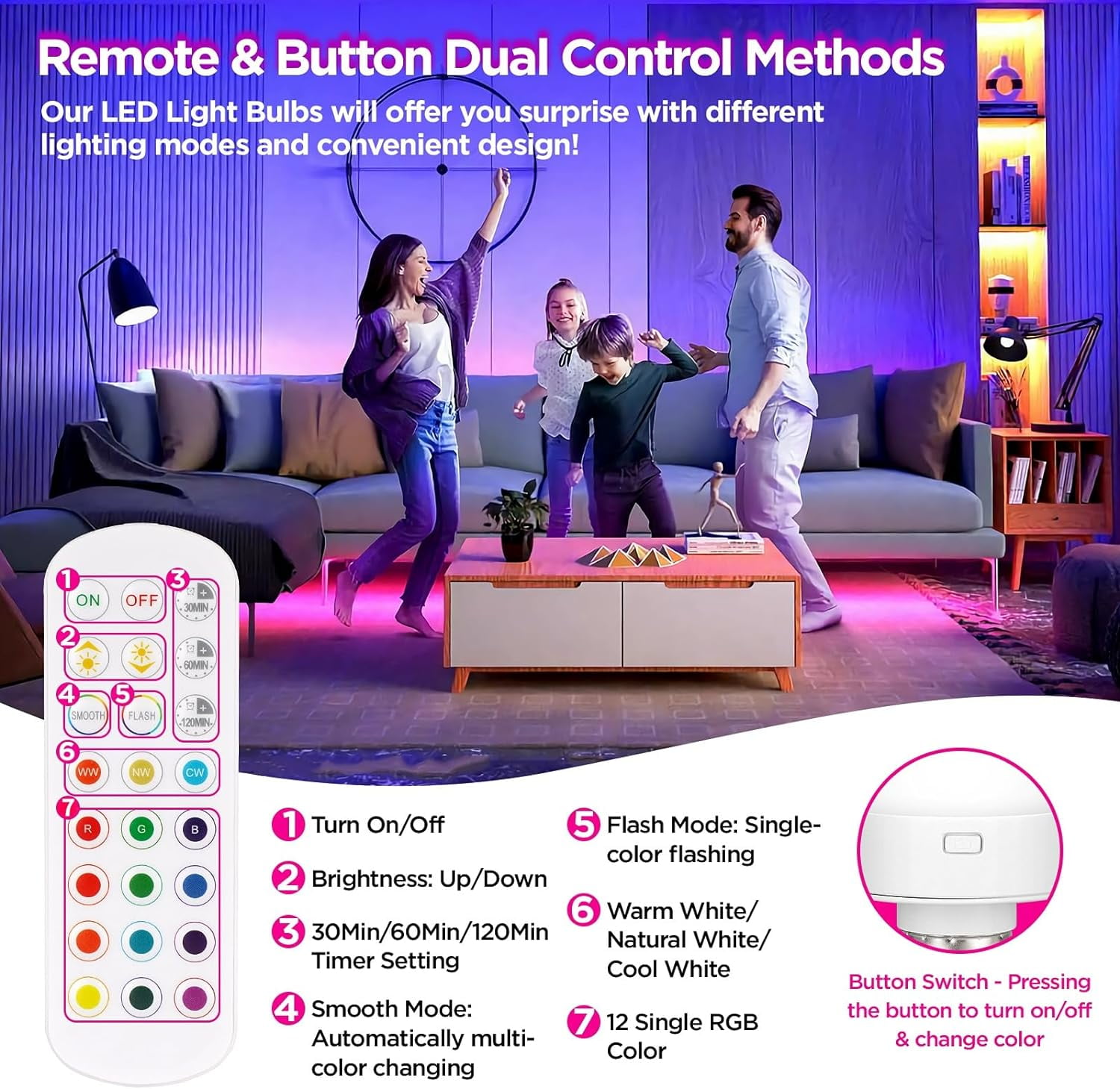 Rechargeable Battery Operated Light Bulb with Remote Control 2 Packs, 350LM Dimmable Detachable LED Bulb with 15 Colors Selectable & 3 Timer, Wireless Puck Light Bulb for Wall Sconce