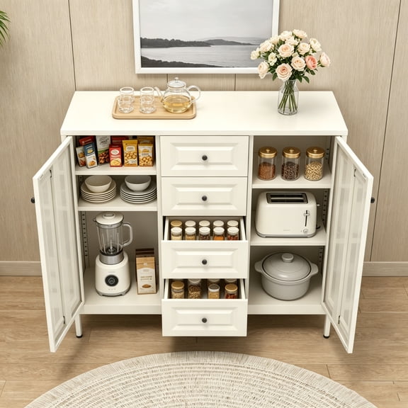 Miniyam 40" Freestanding Accent Cabinet with 4 Drawers & 2 Doors, Sideboard Buffet Cabinet, Adjustable Shelves Console Cabinet for Kitchen, Entryway, Hallway, Laundry Room