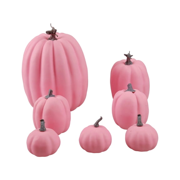 7Pcs Fake Pink Pumpkins – Artificial Foam Halloween Fall Home Decor, Plastic Pumpkin Decoration Set