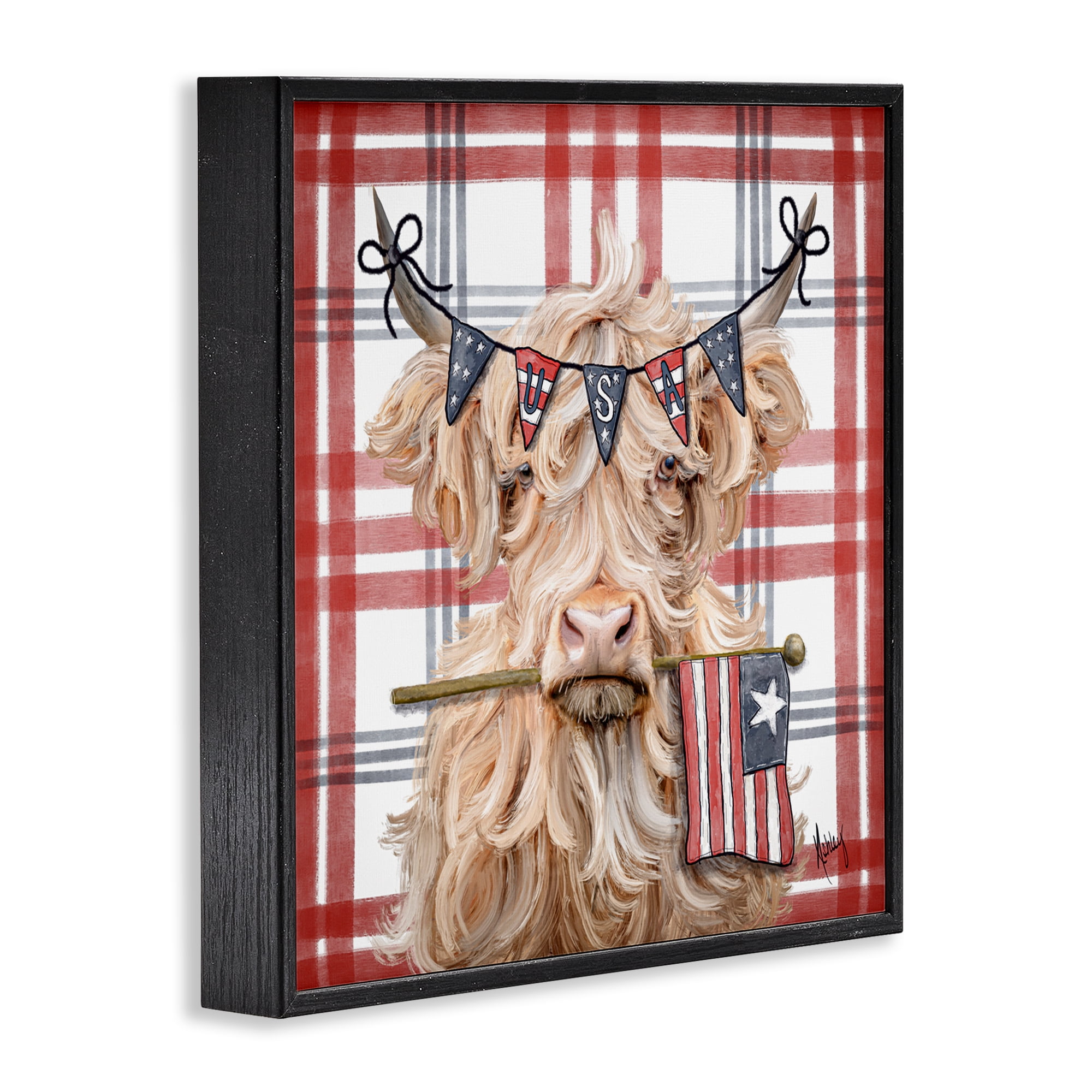 USA Plaid Highland Cattle Black Framed Giclee Art, design by Ashley Bradley