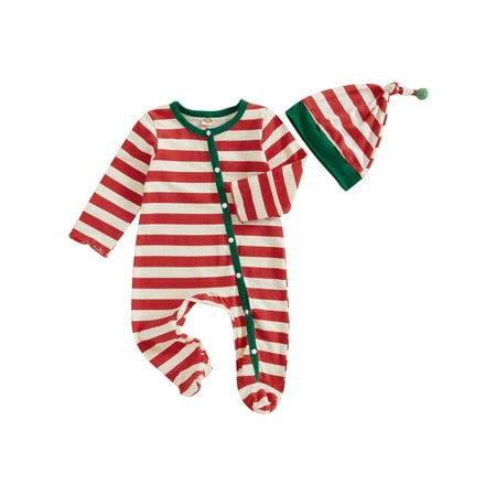 

Loalirando Baby Boy Christmas Romper Striped Print Button Jumpsuit with Hat