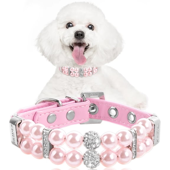 Dog Cat Pearl Collars with Crystal Rhinestone PU Leather Collars Necklace Adjustable Collar Dog Chain Cat White Pearl Pet Collar for Small Medium Pets
