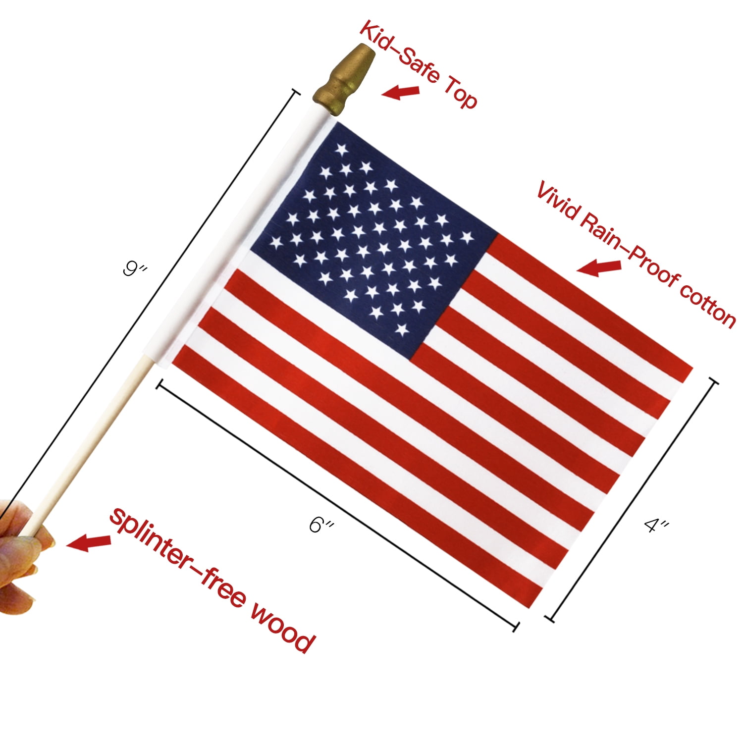Anley LOT OF 100 - USA 4x6 in Wooden Stick Flag - July 4th Decoration, Veteran Party, Grave Marker, etc. - HandHeld American Flag with Kid Safe Golden Spear Top (Pack of 100)