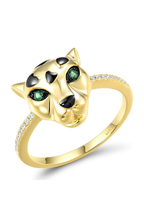 Sterling Silver Panther Ring Green Spinel Cubic Zirconia Yellow Gold Plating Leopard Ring for Women