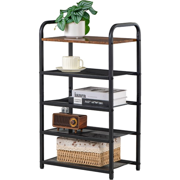 BWOORACKU 5-Tier Shoe Rack, Wood Top and Metal Mesh Shelves, Rustic Brown and Black, Large Capacity Storage Organizer for Entryway, Closet, and Bathroom