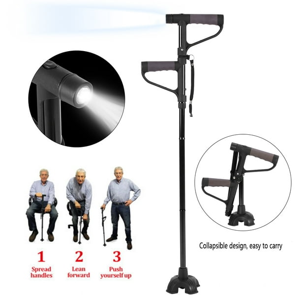 Garosa Walking Stick, Retractable Collapsible Anti-slip Double T-handle  Walking Stick with LED Light for Old Man 