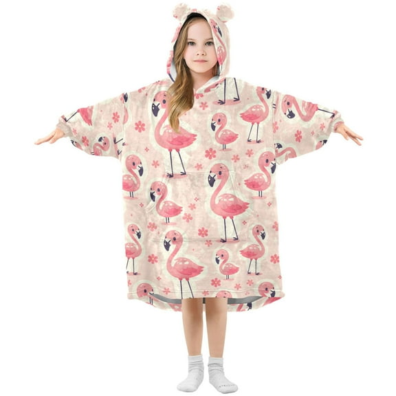 Dailycode Wearable Blanket Hoodie Oversized Sherpa Flannel Blankets with Pocket for 3-14 Year Old Cute Pink Flamingo and Flowers