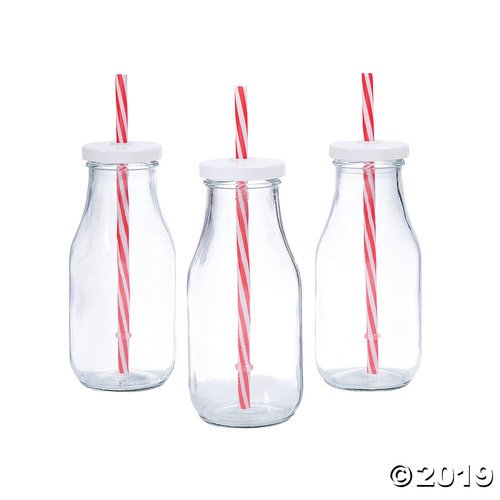 Clear Glass Milk Bottles with Striped Straws