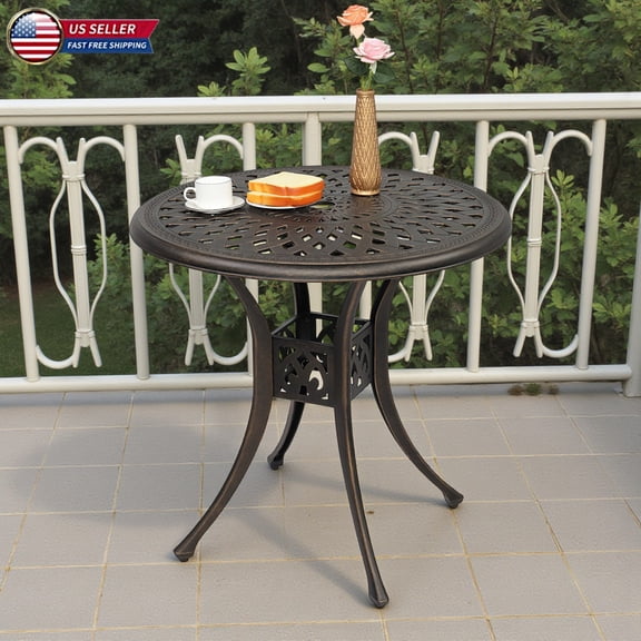 Hassch 30.71" Round Cast Aluminum Bistro Table, Weather Resistant Patio Table with 2" Umbrella Hole for Garden Backyard Lawn (Bronze)