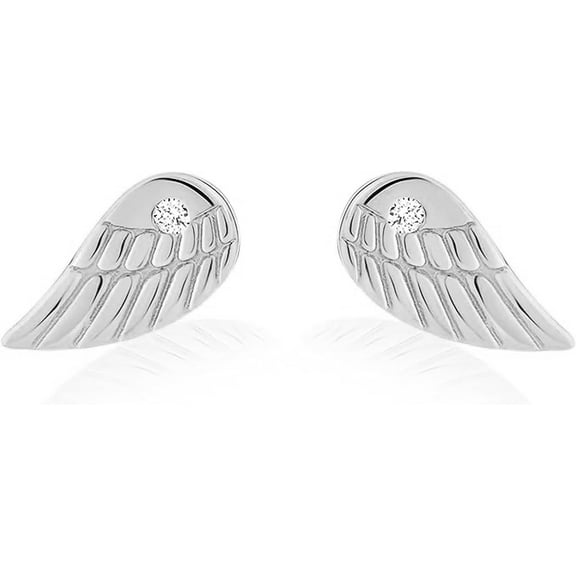 Solid 14k White Gold Angel Wing with Tiny Stone Cubic Zirconia CZ Stud Earrings