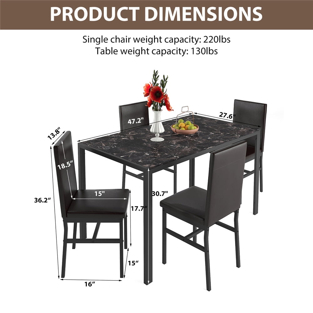 UHOMEPRO Dining Table Set for 4, 5 Piece Dining Room Table Set with Black PU Leather Chairs, Brown Faux Marble Pattern Rectangle Kitchen Table Set for Breakfast Nook Small Space
