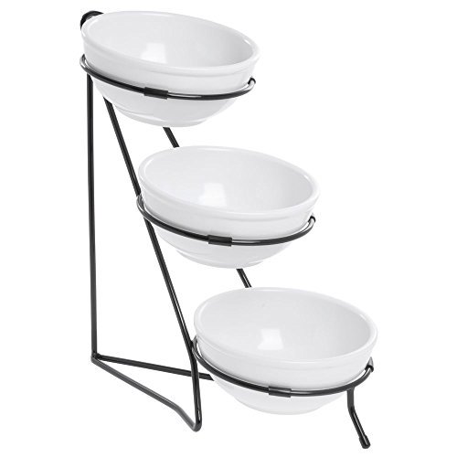 Expressly Hubert® Small 3-Tier White Bowl and Silver Wire Display Stand -  8L x 15W x 19 1/2H