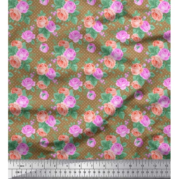 Soimoi Moss Georgette Fabric Dot,Leaves & Rose Floral Print Sewing Fabric Yard 42 Inch Wide