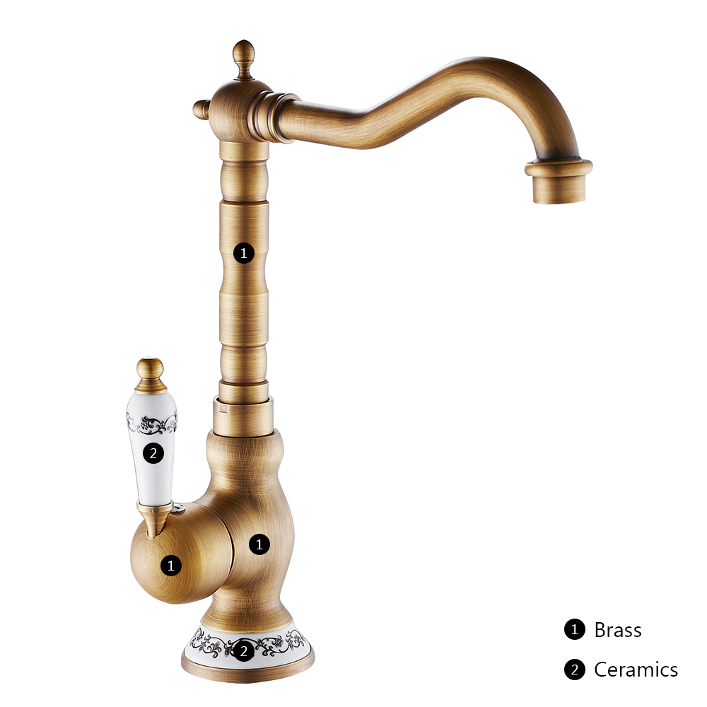 HOTBEST Single Handle Faucet,Basin Sink Taps Single Lever Kitchen Mixer Tap Tall Antique Brass Mixer Tap Brushed Swivel Spout Hot and Cold Water - image 3 of 10