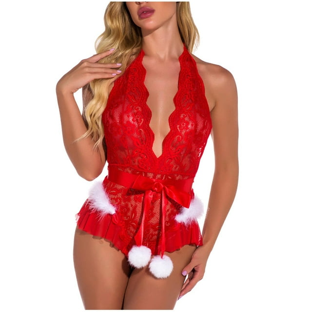 Birdeem Women Christmas Solid Lace Underwear Jumpsuits Bra Lingerie Roleplay Pajamas Rompers