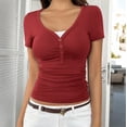 thumbnail image 2 of FRSASU Womens Short Sleeve Shirts V Neck Rib Knit Slim Fit Tops Casual Stretch Basic Tee Going Out Top Summer Fashion Wine, 2 of 6
