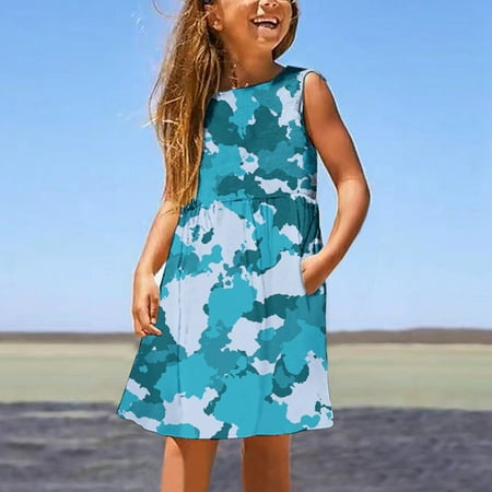 

Realhomelove Girls Dresses Summer Sleeveless Round Neck Casual Printed Sundress Home Party Beach Swing Dresses for Kids Little Girls 3-14 Years