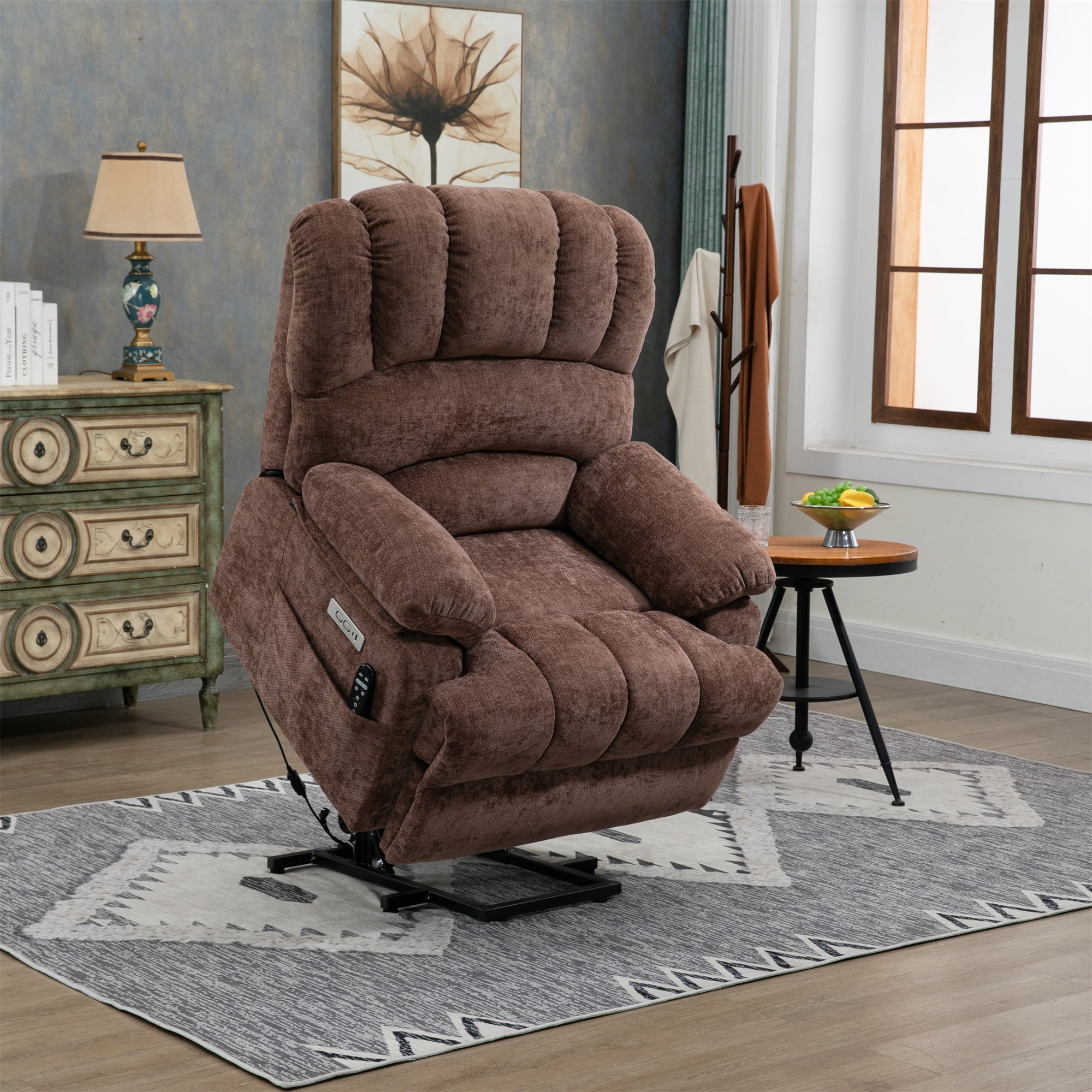 Kadyn Chenille Power Lift Recliner Chair with 8-Point Vibration Massage and Lumbar Heating for Living Room Bedroom, Brown