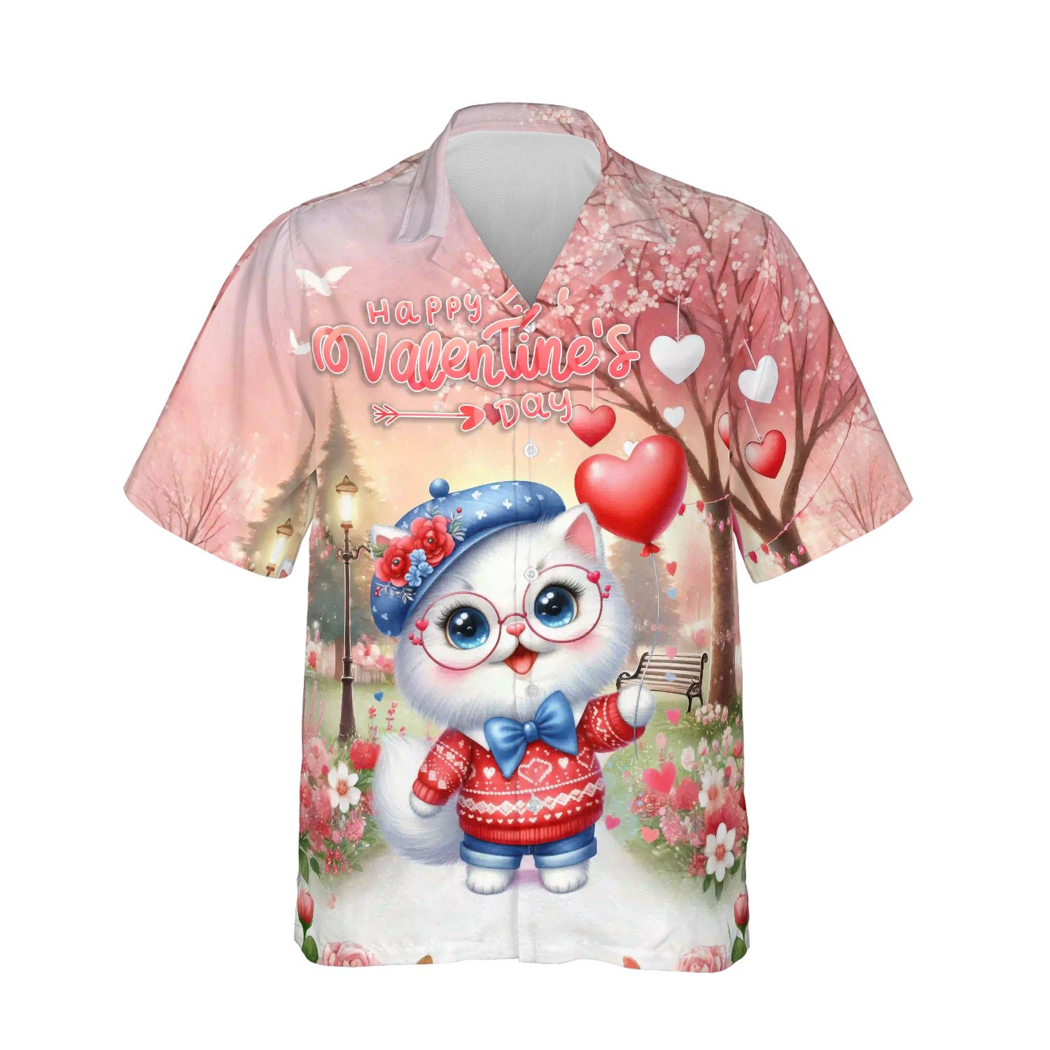 Happy Valentine’s Day Adorable Persian Kitten Holding Heart Balloon Hawaiian Shirt Breathable Summer Unisex Merch Cat Lover Kitten Owner Gifts - 00030