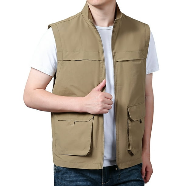 pstuiky Camisetas sin mangas para hombre, Chaqueta de trabajo sin mangas con cuello alto, bolsillos múltiples y cremallera para hombre Camisas de hombre l