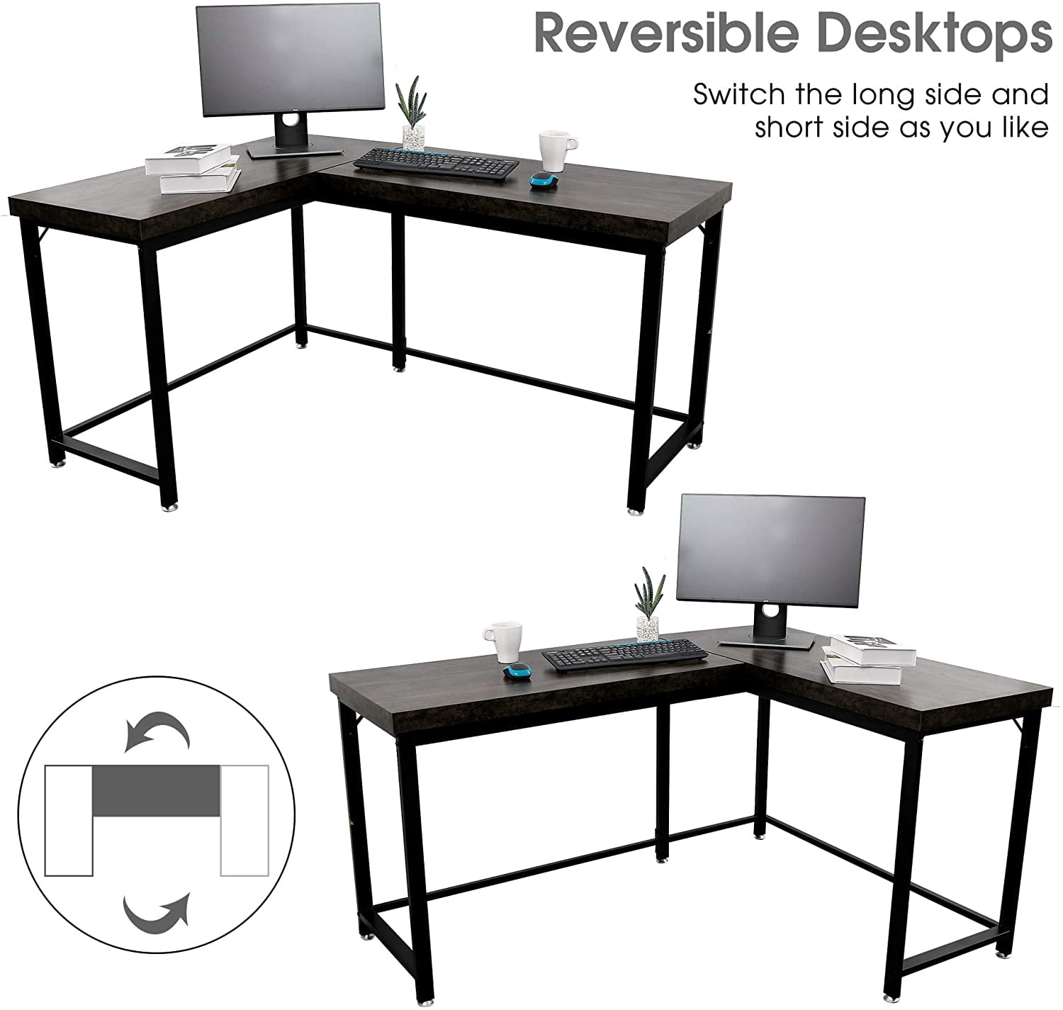 Ivinta Industrial L-Shaped Desk, Thickened 2" Desktop(Brown)