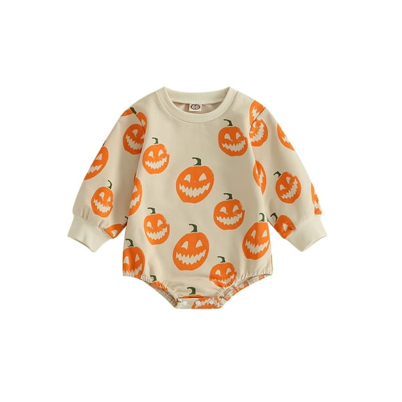 Wassery Infant Baby Boys Girls Halloween Rompers 6M 12M 18M 24M Toddler Girl Jumpsuit Long Sleeve Round Neck Pumpkin Print Pullovers Bodysuits Fall Casual Clothes for Newborn 0-24M