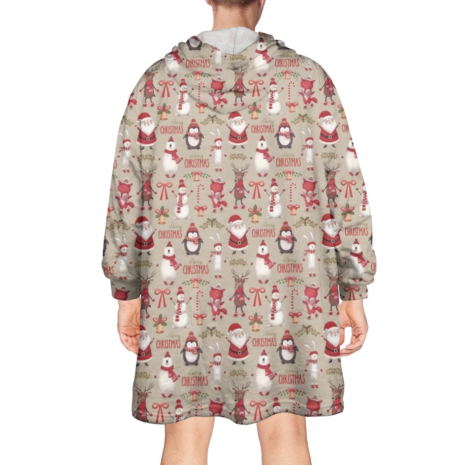 Wearable Oversized Blanket,Beige Christmas Character Pattern Wearable Blanket Hoodie for Adults,Cozy Hooded Blankets with Super Pockets,Super Warm Fuzzy Pullover for Women & Men