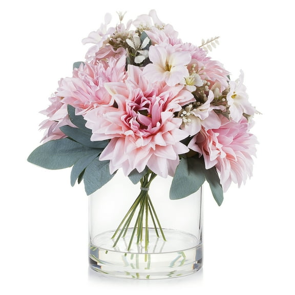 Enova Home Mixed Artificial Silk Dahlias Flowers Arrangement in Clear Glass Vase with Faux Water for Home Office Decoration (Pink)