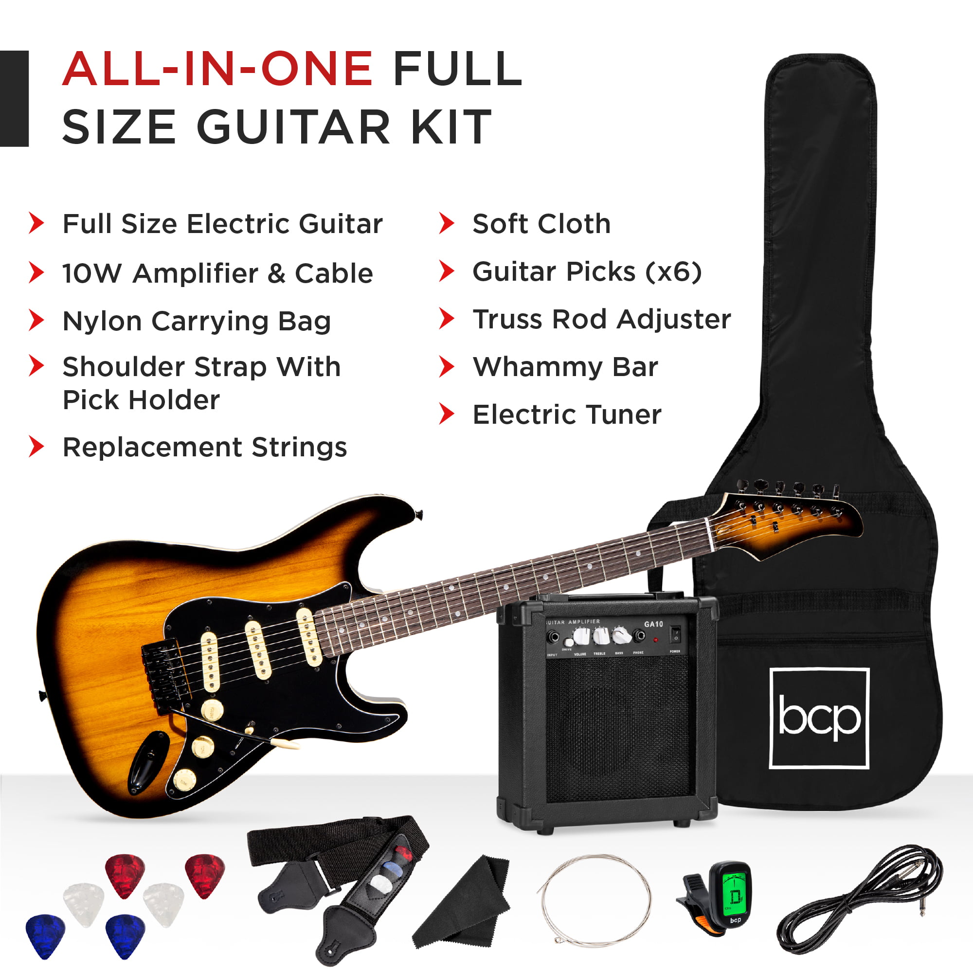 Adaptor NOT Included CB SKY Full-Size 39 Inch Sunbrust Electric Guitar with 5W Amplifier Cable and Guitar Pick Extra Strings