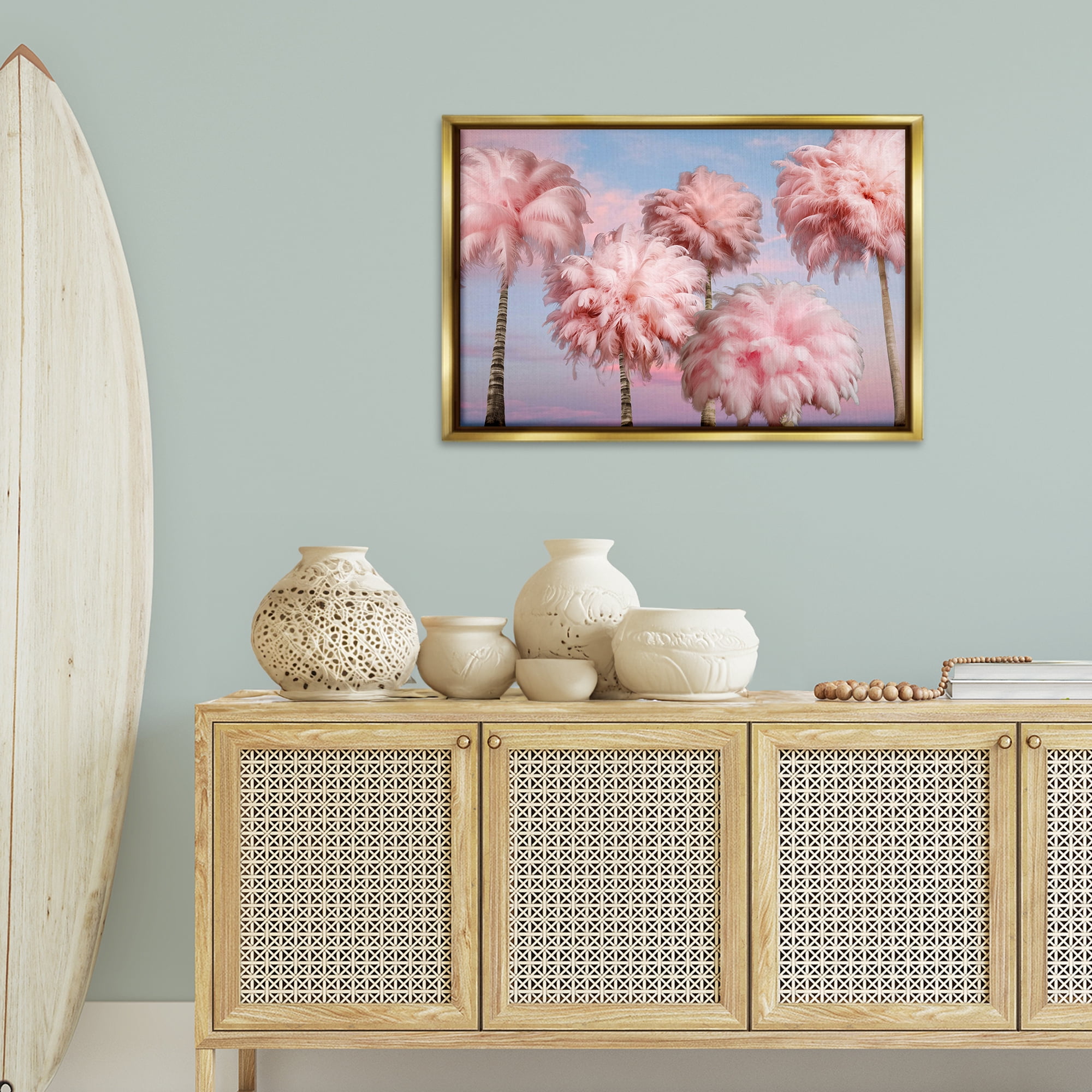 Stupell Industries Fluffy Pink Palm Trees Botanical & Floral Painting Gold Floater Framed Canvas Art Print Wall Art, 31 x 21