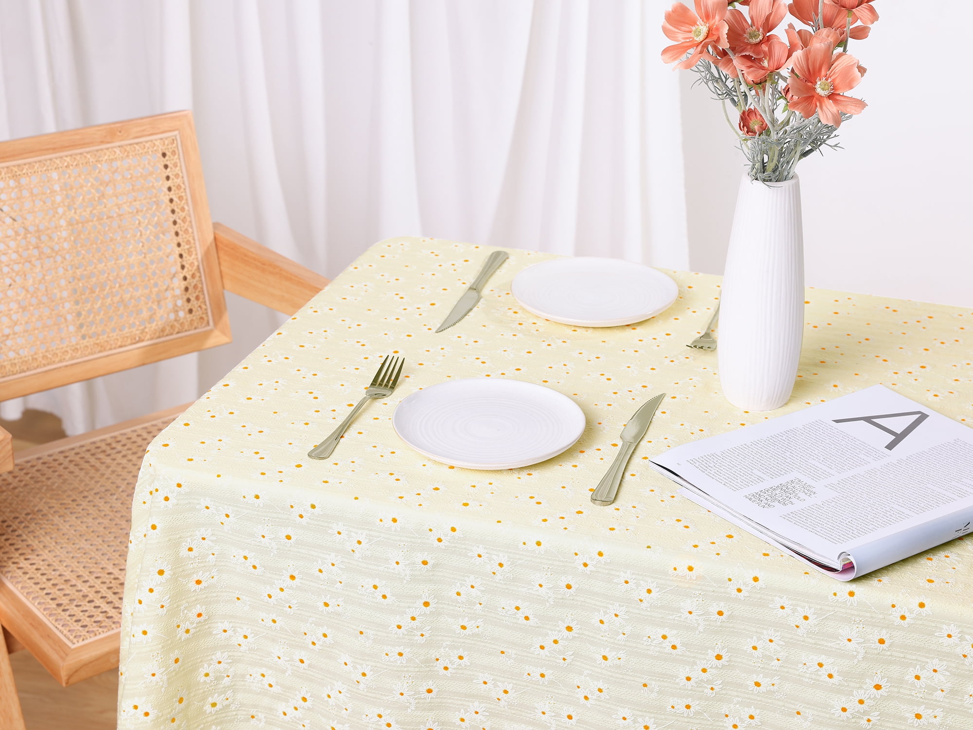 Unique Bargains Rectangle Cotton Yellow Table Cover Tablecloth Small White Ball 35"x35"